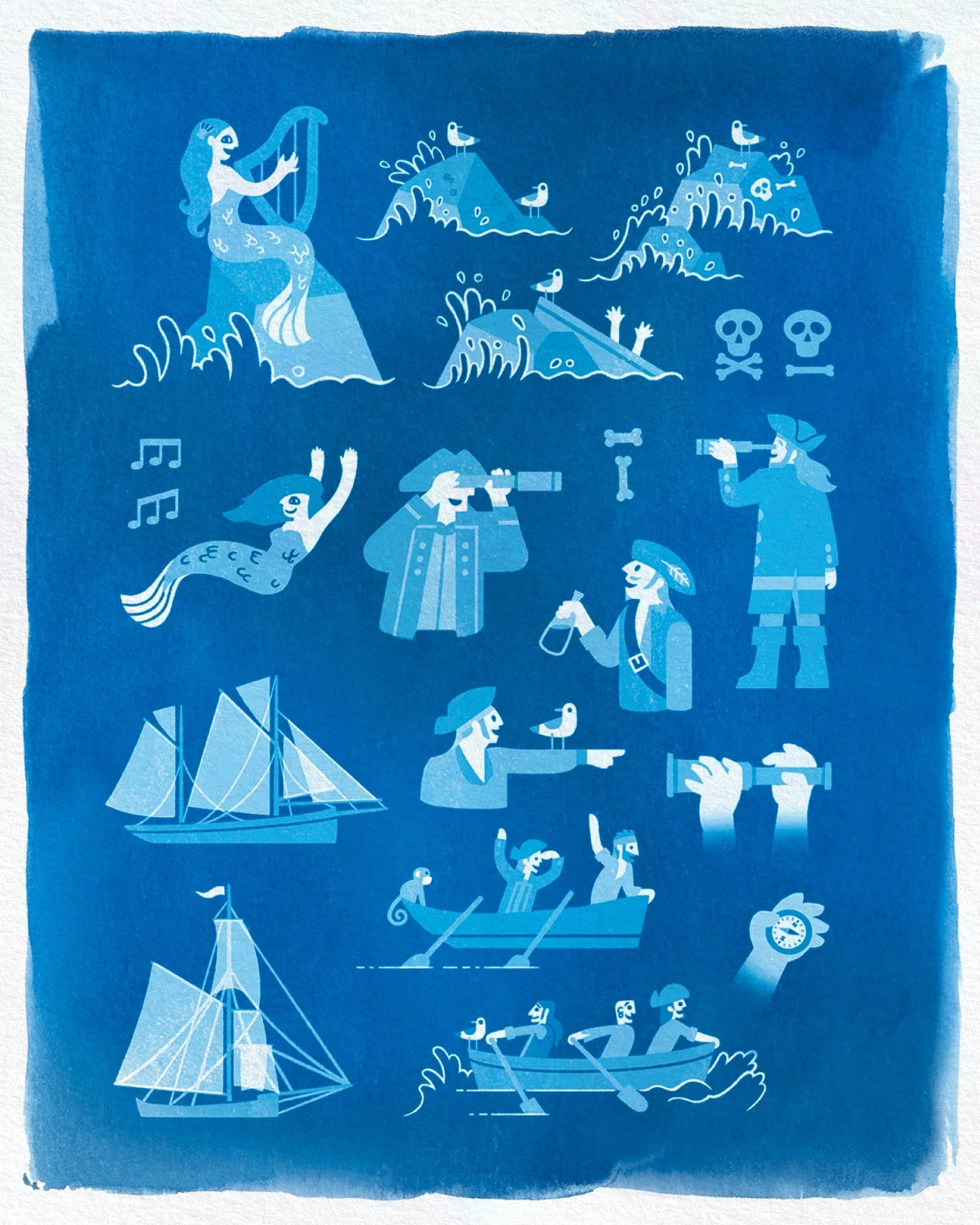 Apparel Design: Mermaids (assets) | A monster-themed collection for a fashion brand | Cyanotype, hand-drawn
