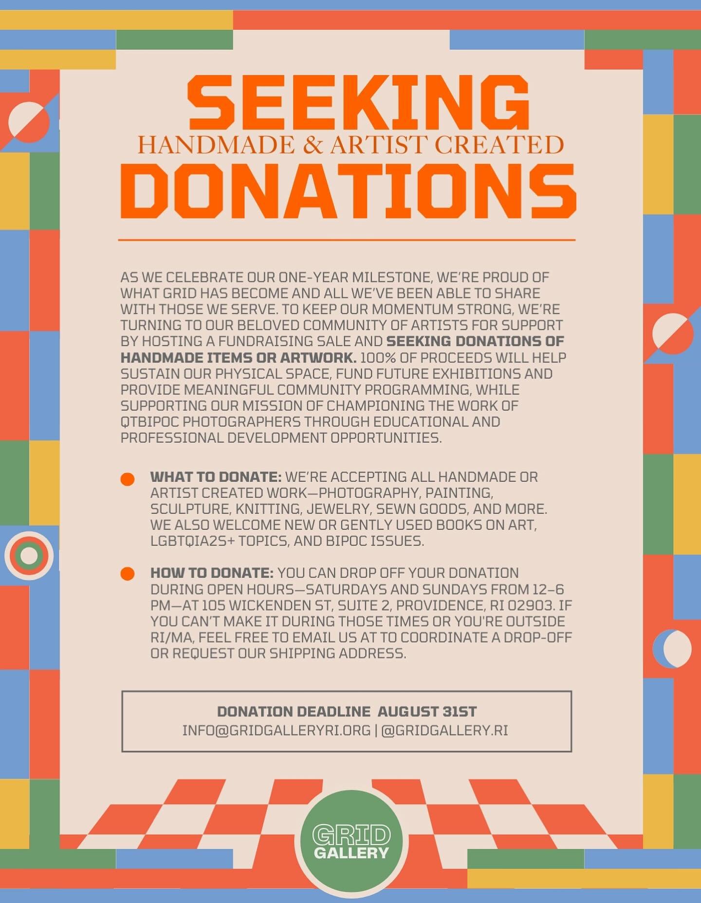 Seeking Handmade &amp; Artist Created Donations 🎨 Deadline: August 31st

As we celebrate our one-year milestone, we&rsquo;re proud of what GRID has become and all we&rsquo;ve been able to share with those we serve. To keep our momentum strong, we&rs