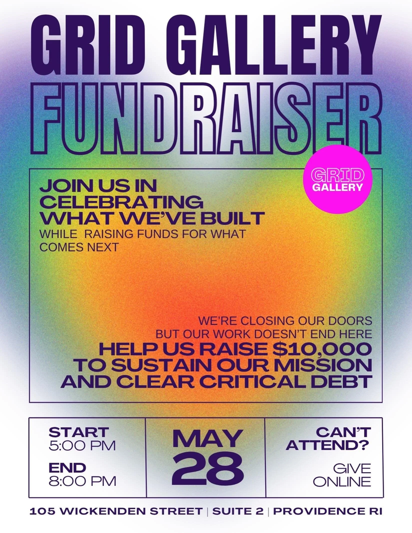 🚨TOMORROW🚨
Join us for one final night at GRID Gallery as we celebrate the community that shaped our space.

Together, We&rsquo;re raising $10,000 to clear debt and help sustain what comes next. Every donation directly supports that future.

Thursd