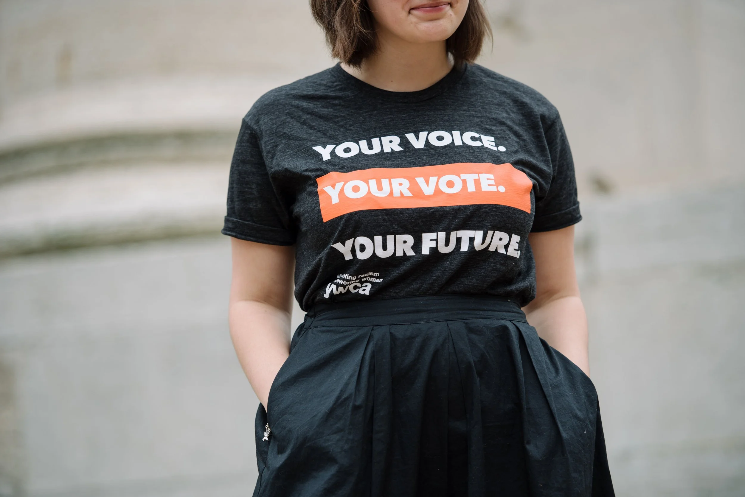 woman wearing YWCA vote shirt