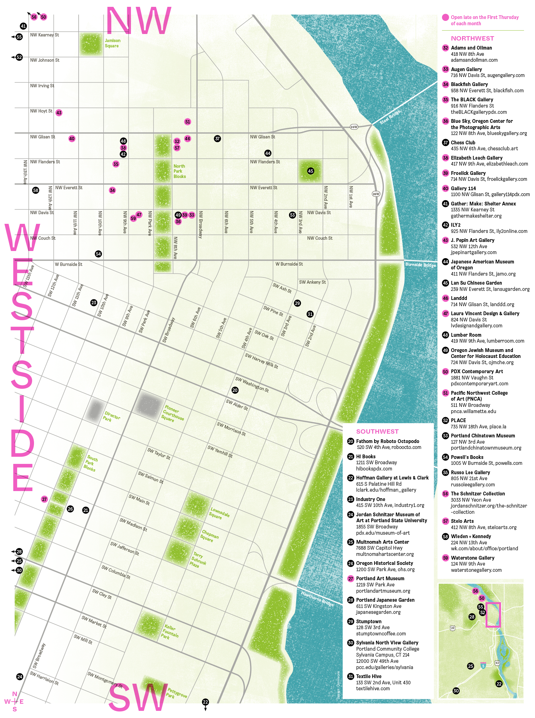 Map of Portland, Oregon highlighting various art galleries, museums, parks, and cultural sites, with neighborhoods labeled NW, Westside, and Southwest, and a water body along the right side.