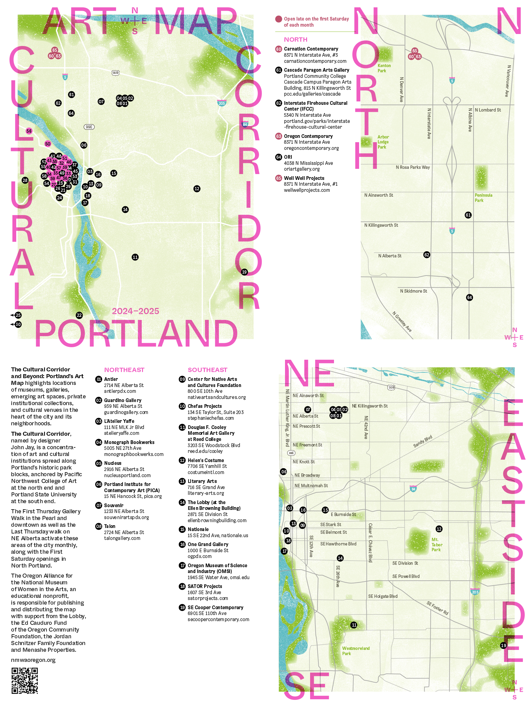 Detailed map of Portland, Oregon's cultural corridor highlighting arts venues, parks, and landmarks, with a list of key locations and descriptions in northeast and southeast Portland sections.