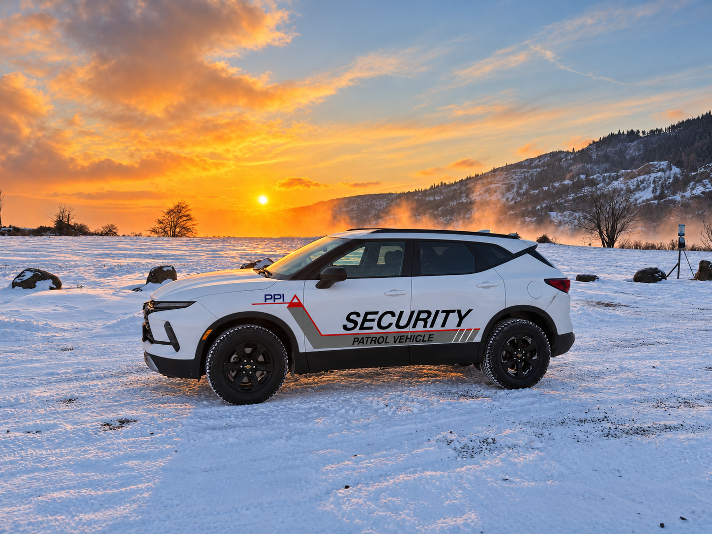 PPI white Chevrolet Blazer patrol vehicle with company decals in a snowy Pacific Northwest landscape at sunset.
