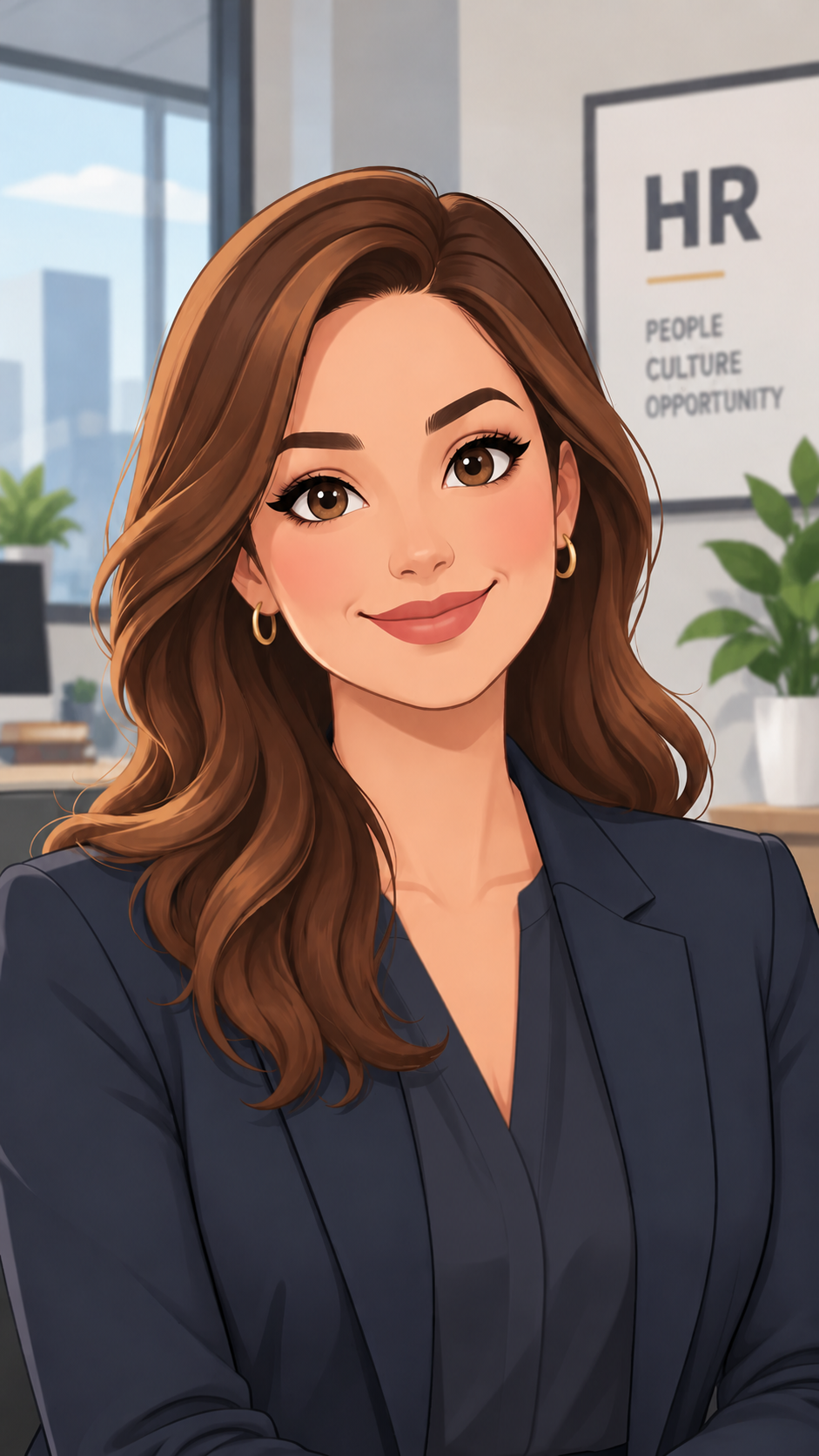 Cartoon woman with brown hair and wearing a navy blazer smiling in an office environment with an HR sign in the background.