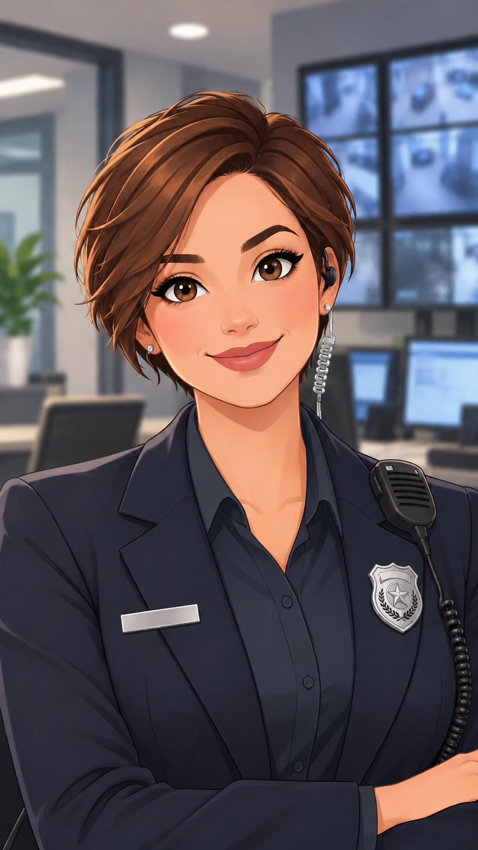 An animated female police officer with short brown hair, wearing a police uniform with a badge, speaking into a radio earpiece in an office environment with computers and windows.