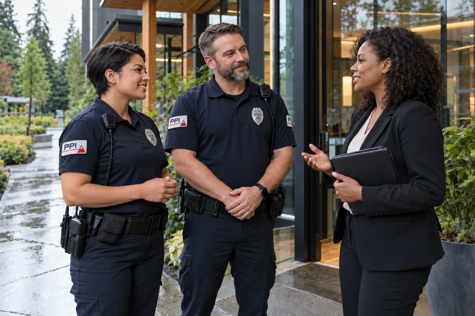 Two security guards in uniform talking to a woman in a black blazer outside a modern building with glass walls and plants.