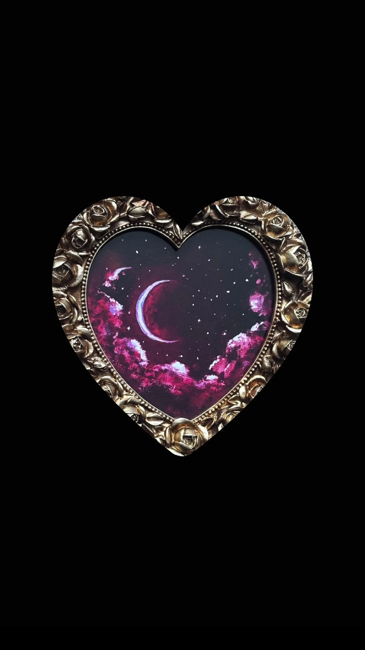 ‘Love moon’ Framed Print; Witchy Red Moon Art; Gold Roses Heart Frame