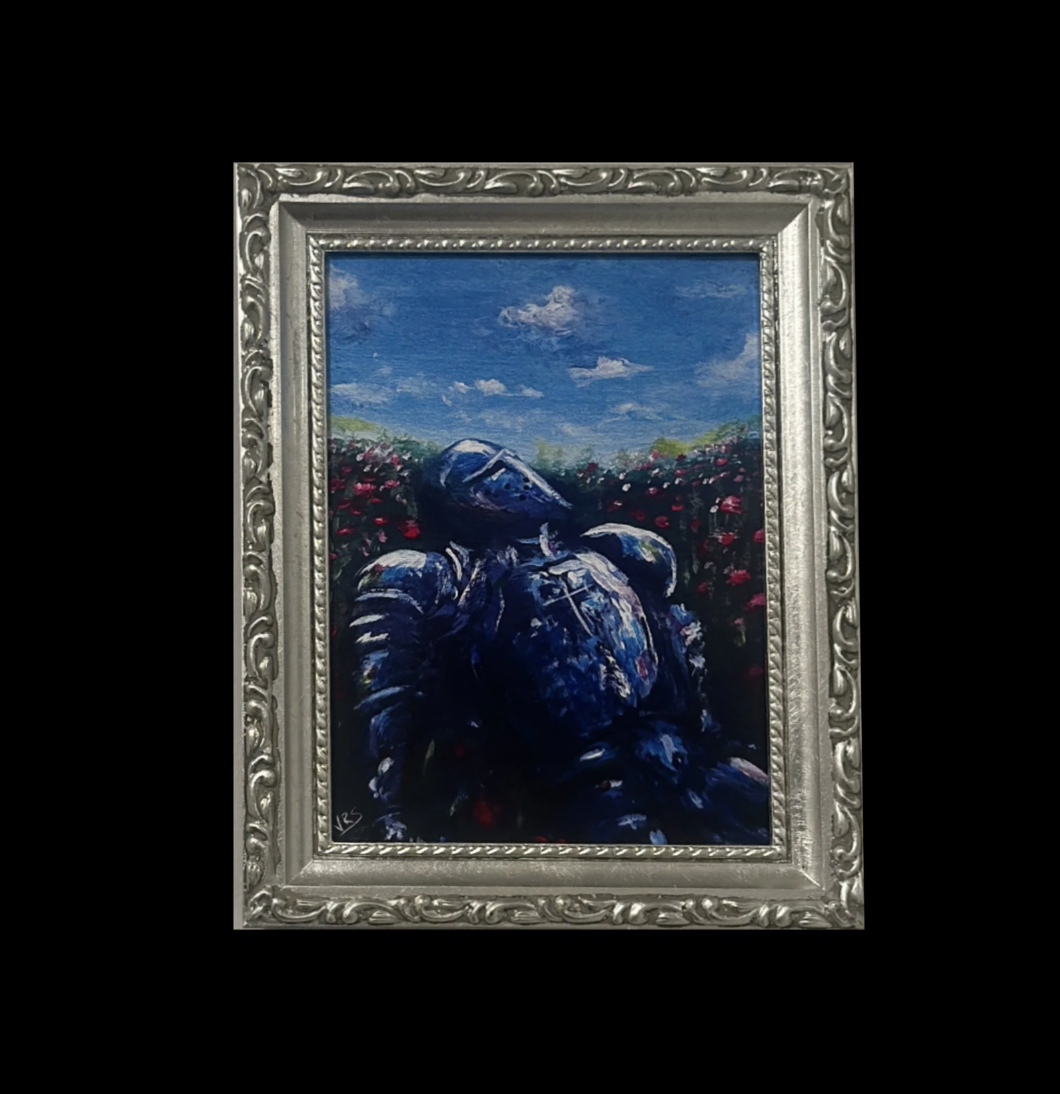 ‘A Resting Place’ Framed Print; Sleeping Knight in Wildflowers in Silver Vintage Frame; Medieval Art