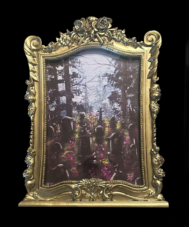 ‘Life Goes on’ Framed Print; Spring Floral Cemetery Painting) Ornate Gold Gothic Frame