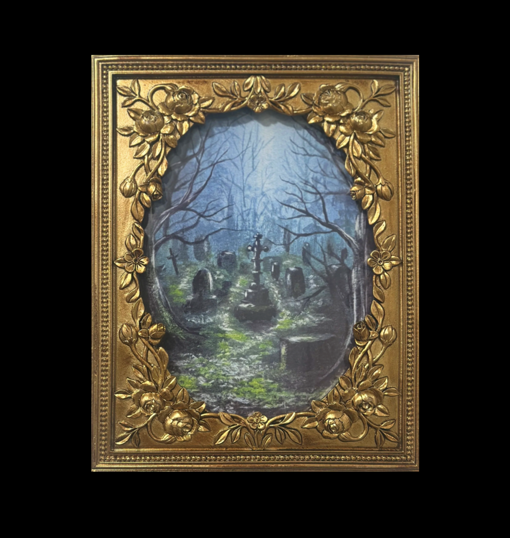 ‘At Rest’ Framed Print; Peaceful Cemetery Painting in an Ornate Gold Frame with Roses;Graveyard Art