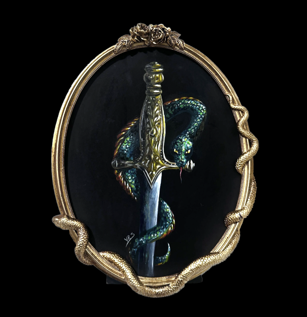 ‘Serpent’s Sword’ Original Acrylic Painting in a Gold Snake Oval Frame; Dark Fantasy Medieval Art; Antique style frame