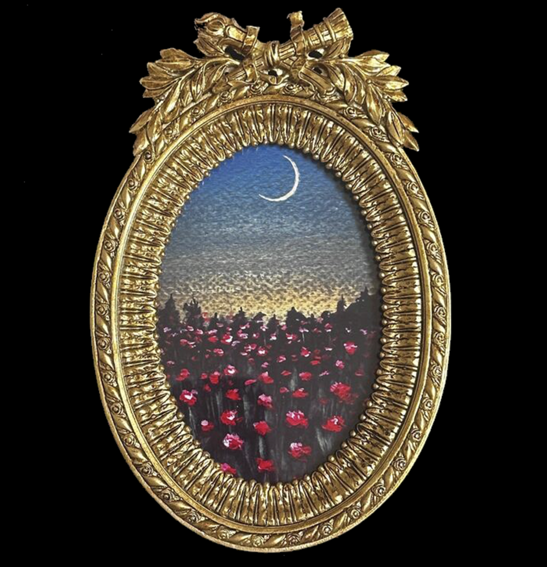Crimson Blooms’ Framed Print; Red Floral Field Crescent Moon Art; Ornate Gold Antique Style Frame