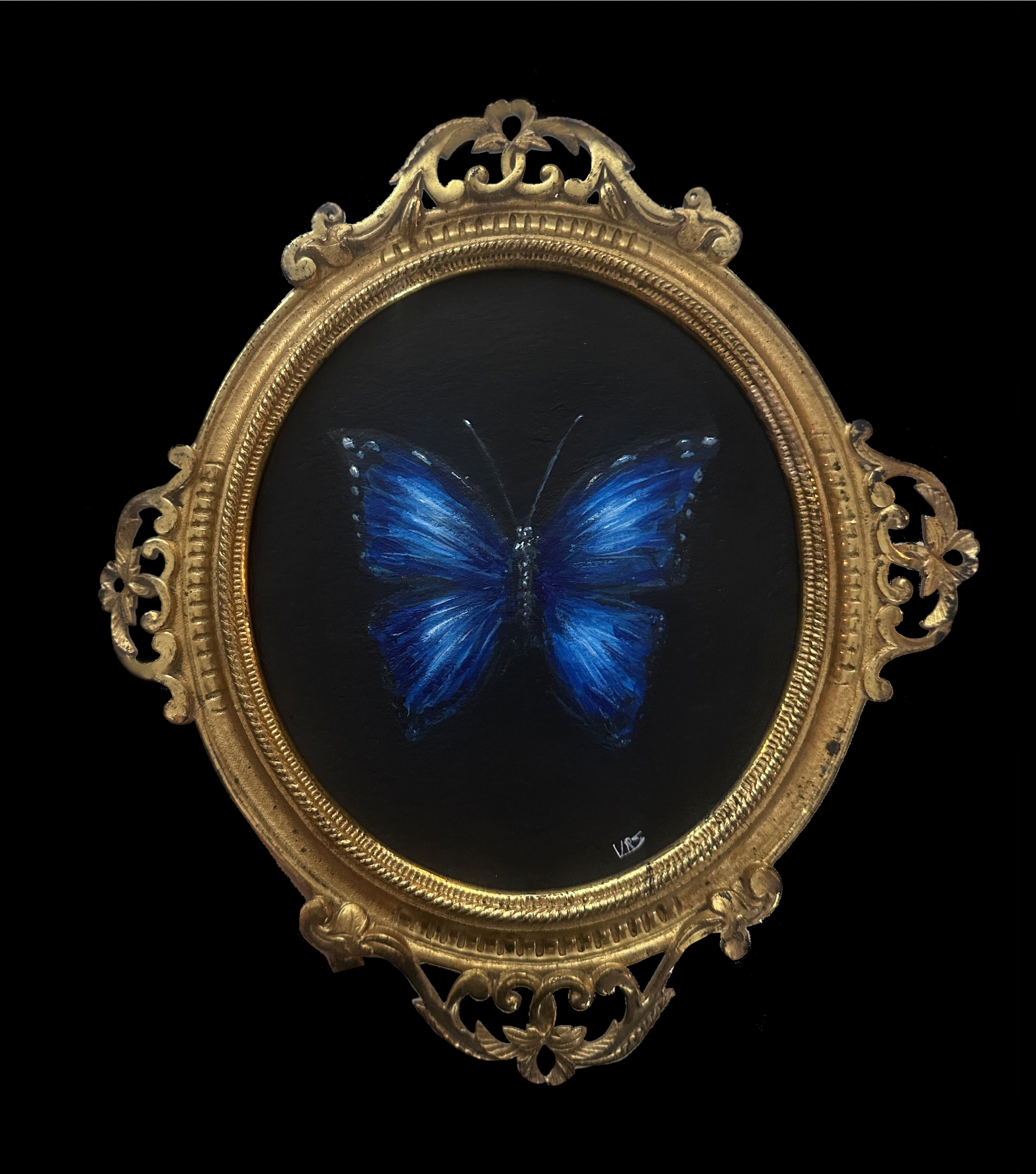 'Morpho' Original Acrylic Painting in a Victorian 1800S OVAL Ornate frame; Blue Butterfly Art