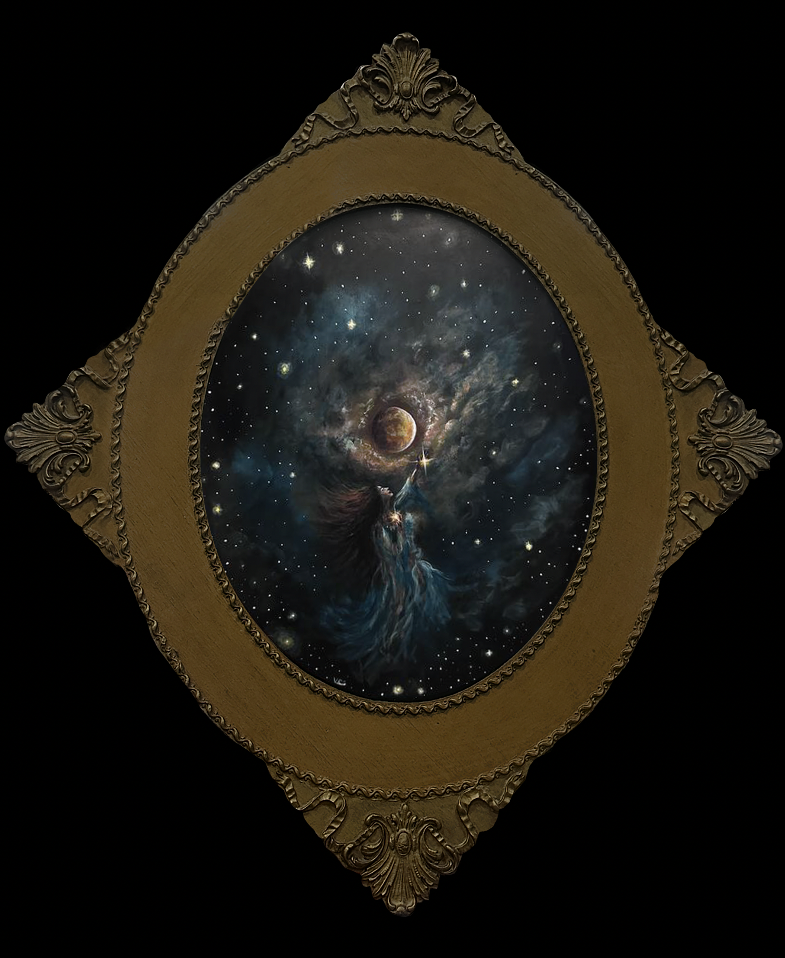 ‘Reverence’ Original Acrylic Painting; Girl Worships the Moon; Moody Dark Whimsical Celestial Art; Antique 1800’s Victorian Diamond Frame