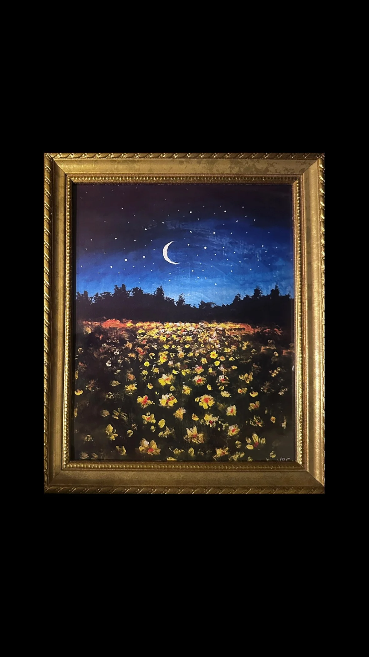‘Daffodil Lament’ Framed Print in Ornate Gold Frame; Yellow Floral Field Art with Crescent Moon