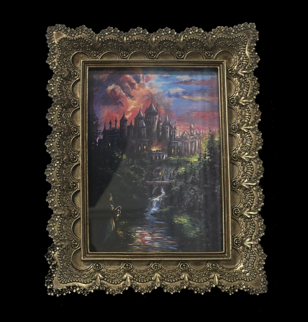 ‘Her Arrival’ Framed Print; Medieval Castle Painting with Girl; Ornate Gold Medieval Style Frame