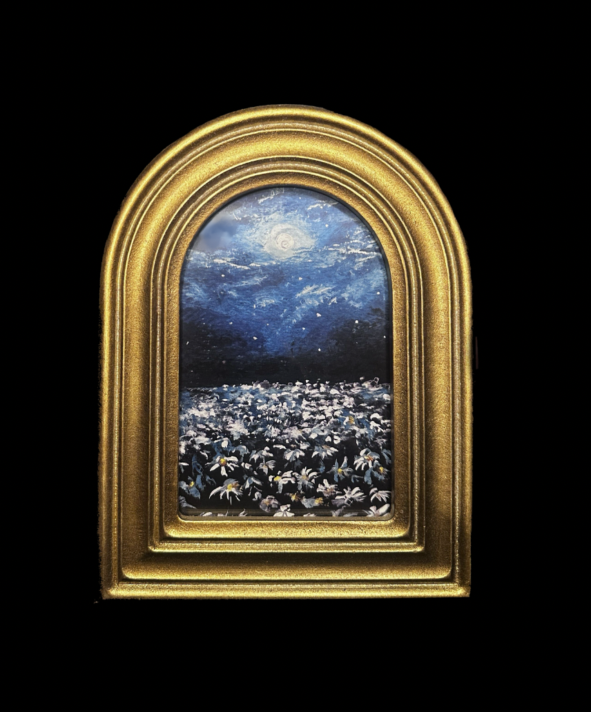 ‘Daisy Fields’ Framed Print; Gold Arch Frame; 4in by 6in; Floral Field Moon Art