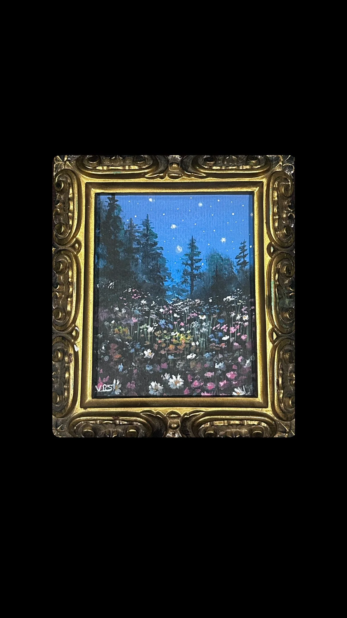 ‘Midnight Meadow’ Original Acrylic Painting; Starry Night Wildflower Field; Small Gold Antique Frame
