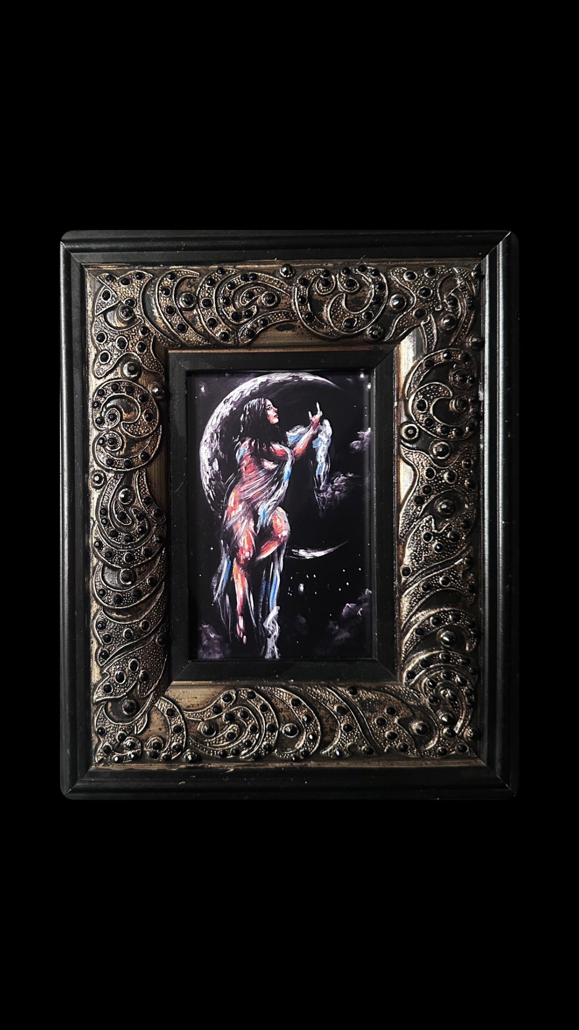 'Moondance' Framed print in black jeweled vintage frame; Celestial Moon Girl Art