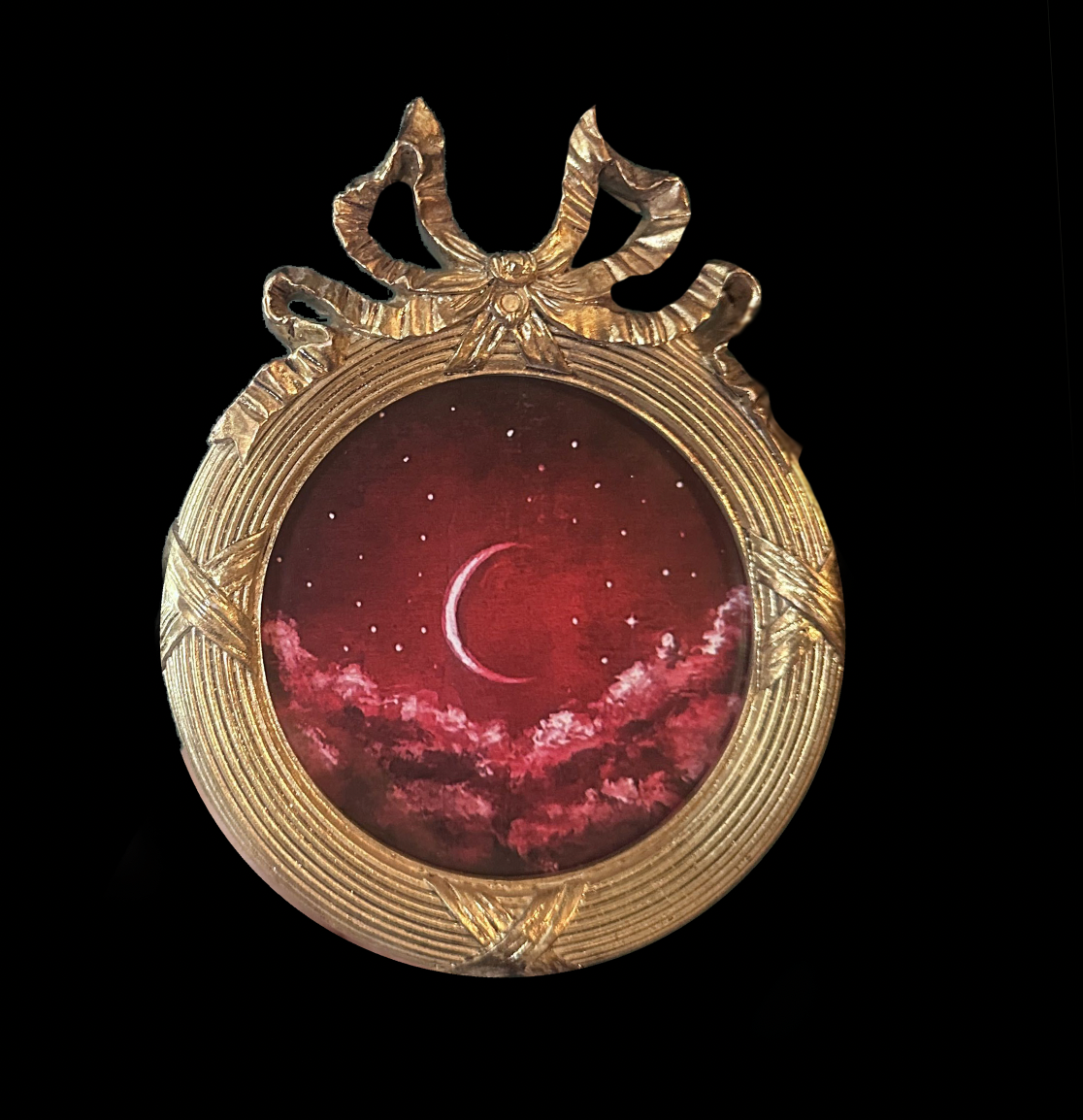 ‘Red Moon’ Framed Print Gold Ornate Round Frame; Celestial Art