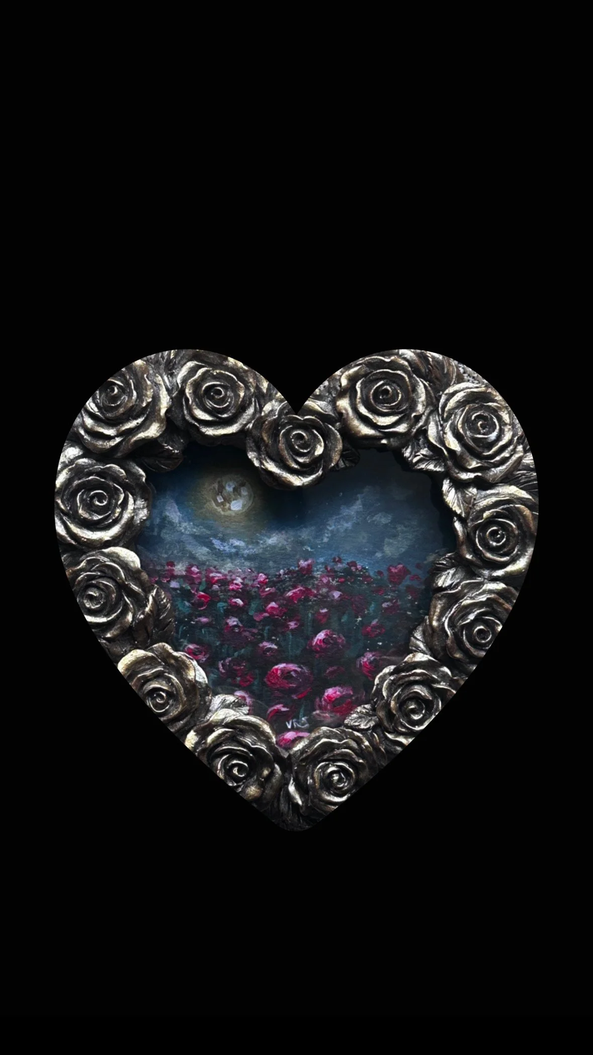 ‘Crimson Night’ Original Acrylic Painting; Red Floral Field Under Moonlight; Gold Roses Heart Frame