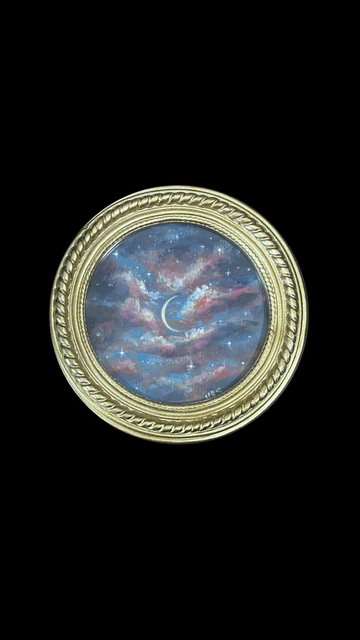 ‘Candy Moon’ Original Acrylic Painting; Pastel Cotton Candy Clouds with Cresent Moon; Round Gold Frame