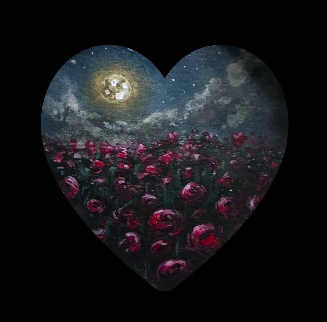 ‘Crimson Night’ Digital Art Print; Red Floral Field Unde Moonlight; Dark Romantic Landscape Painting