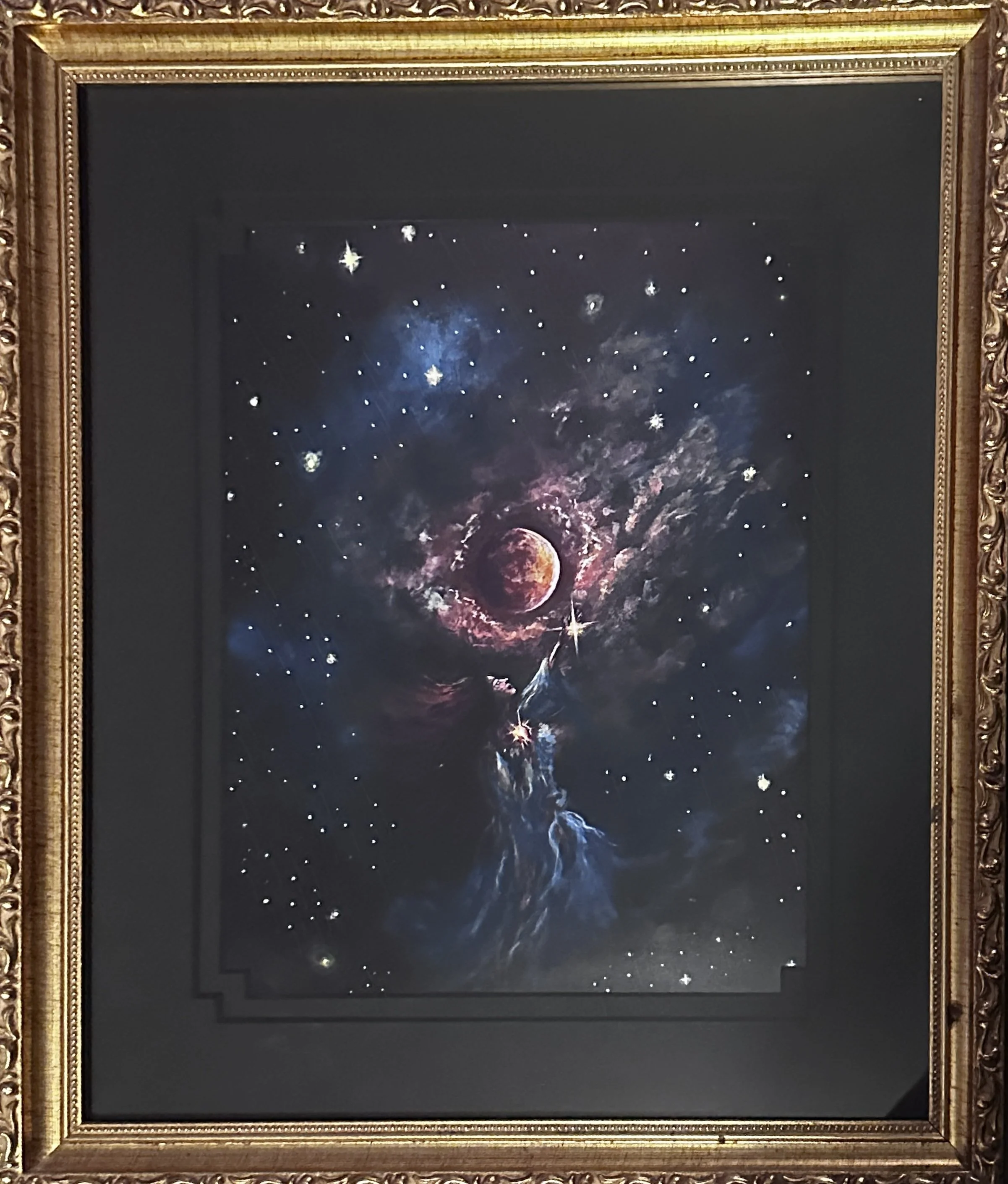‘Reverence’ Framed Print; Celestial Moon Girl Art; Vintage Gold Frame with Black Matte