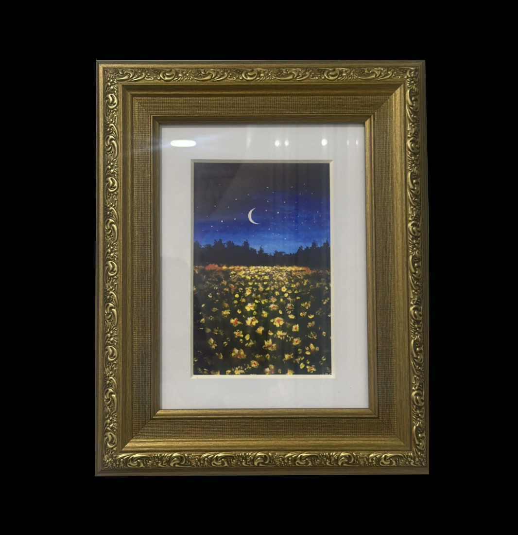‘Daffodil Lament’ Framed Print; Yellow Whimsical Floral Field Painting; Witchy Moon Art