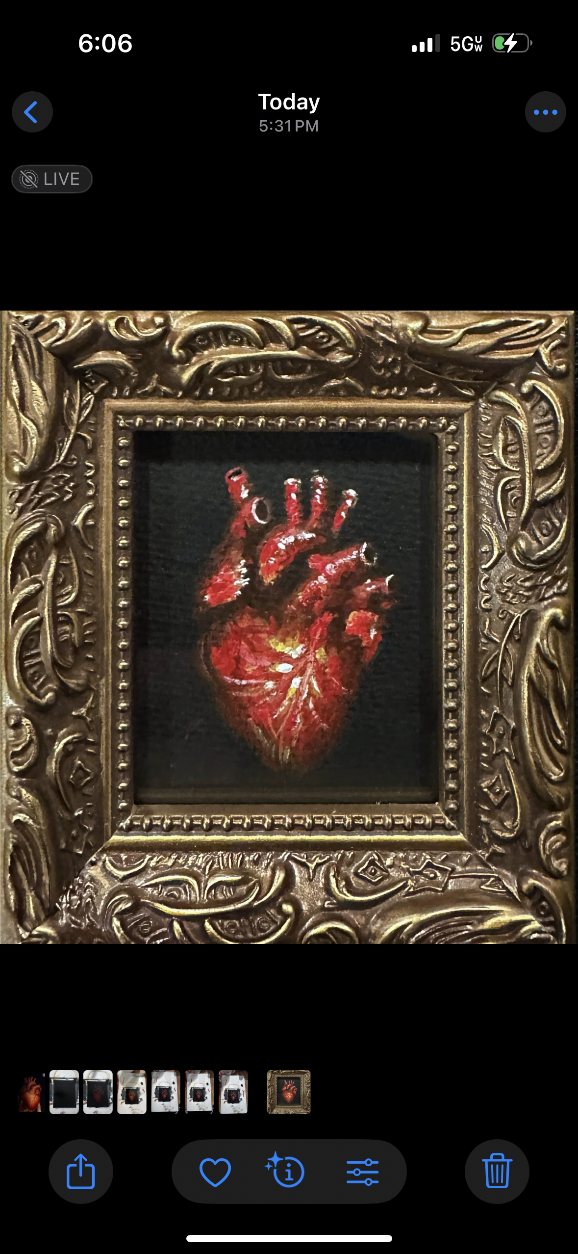 ‘My Beating Heart’ Original Acrylic Anatomical Heart Art;Vintage Gold Tiny Frame