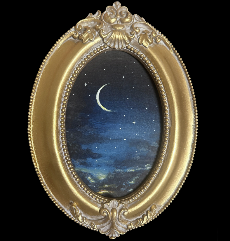 ‘Dusk’ Original Acrylic Painting; Crescent Moon Night Sky Art; Gold Antique Style Frame