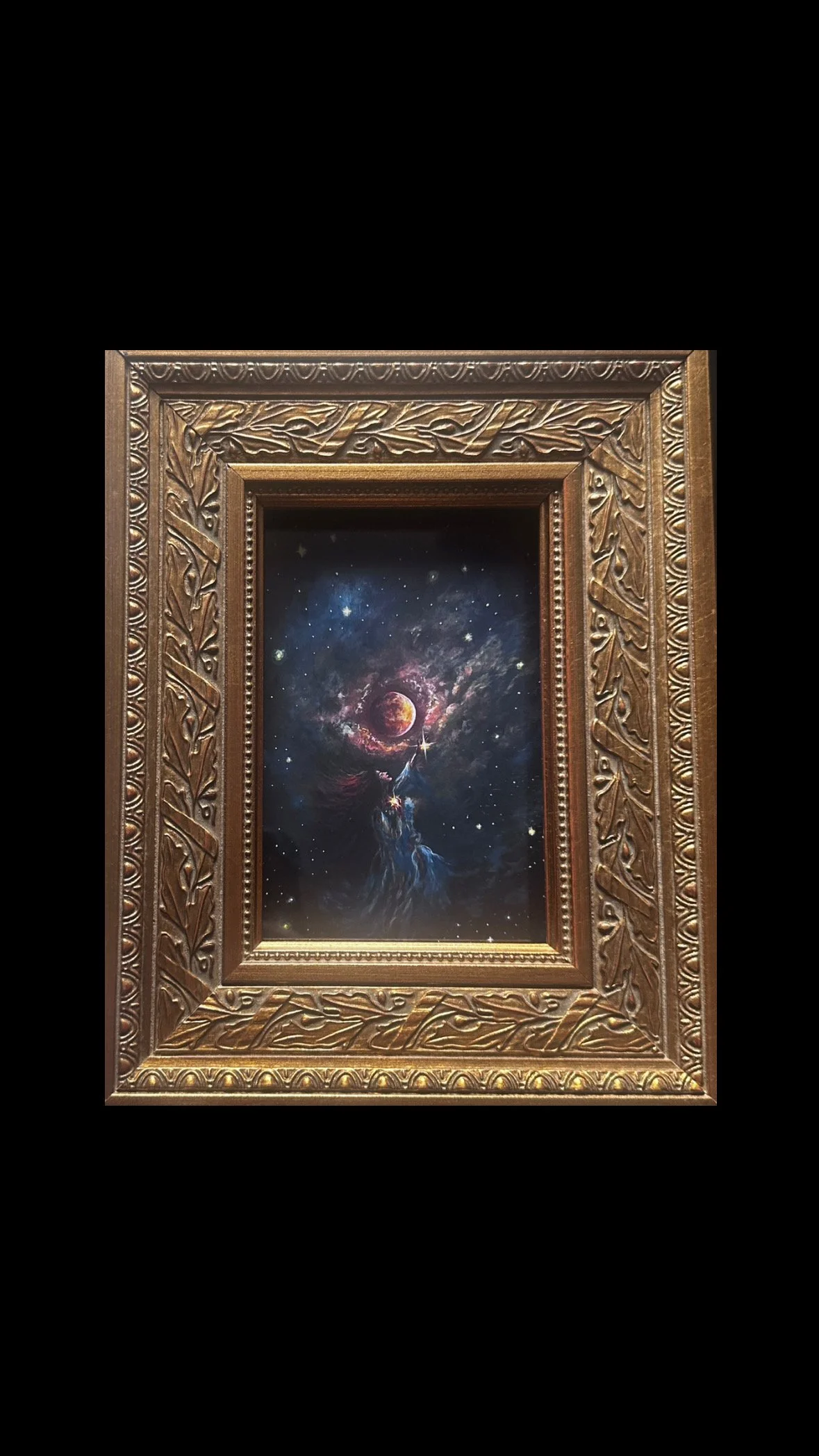 ‘Reverence’ Framed Print; Celestial Moon Girl Art; Vintage Ornate Gold Frame