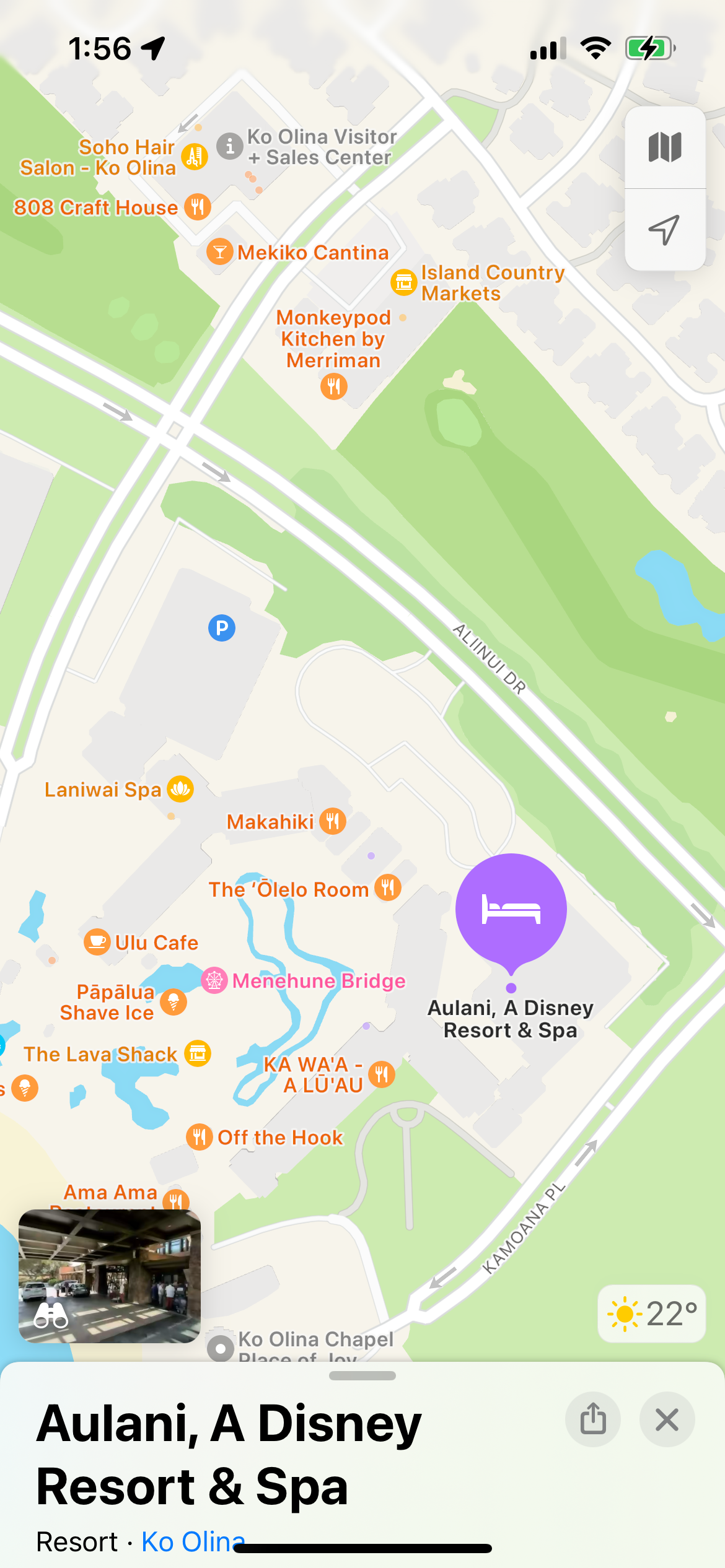 Map of Aulani, A Disney Resort & Spa showing restaurants, shops, spa, motifs, and nearby attractions.
