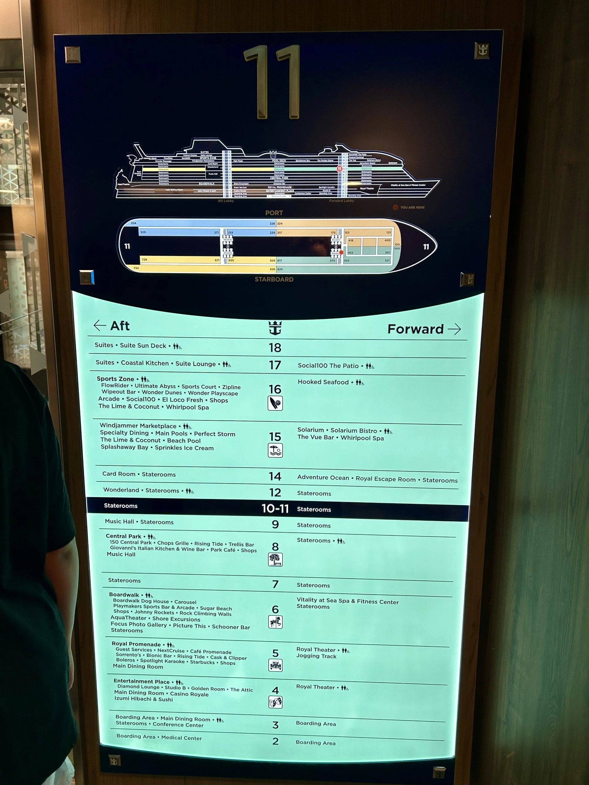 Cruise ship deck plan with labeled areas and deck numbers from 2 to 18. The top part shows a side view of the ship, and the middle part is a layout of the ship's port and starboard sides with color-coded sections. The bottom part is an interactive directory listing various amenities and staterooms on different decks, including pools, restaurants, entertainment venues, and other facilities.