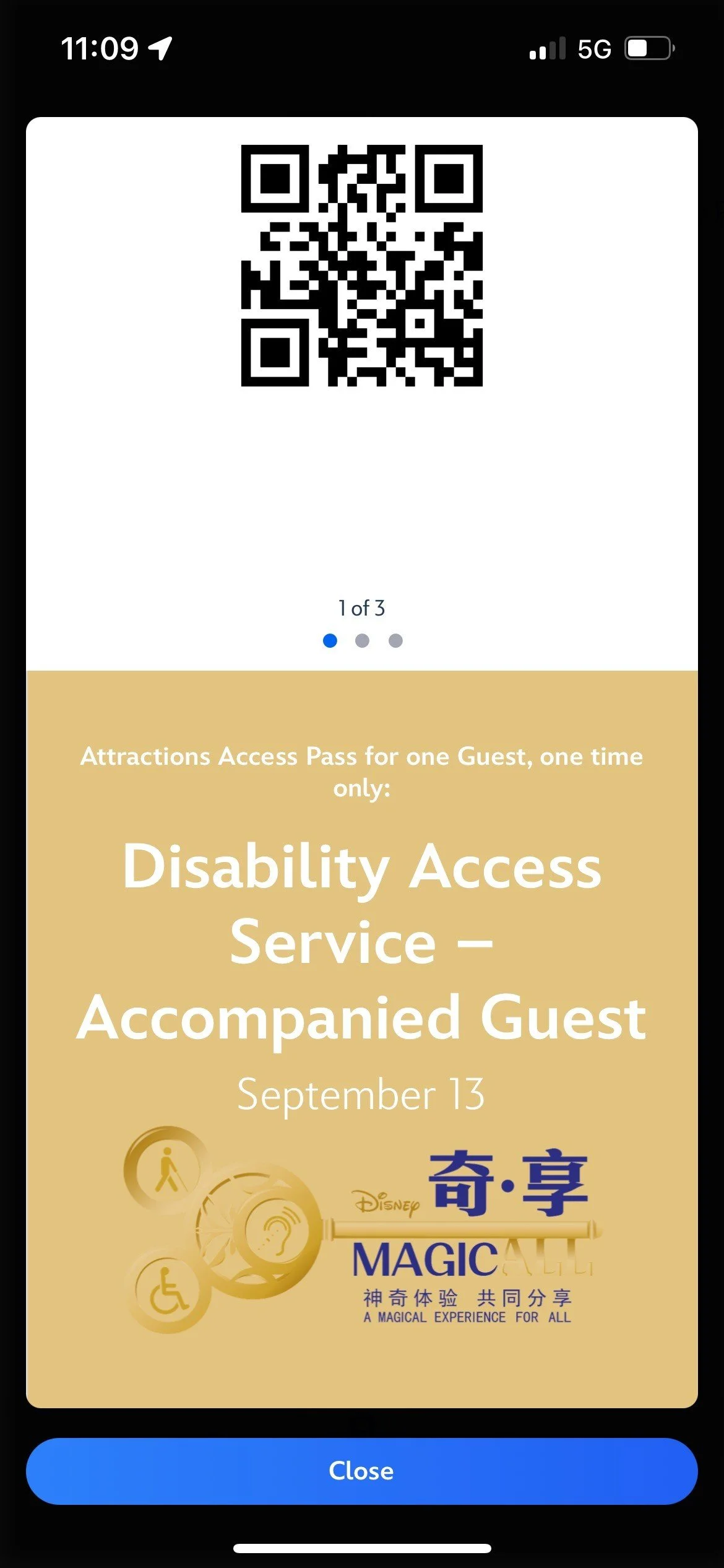 A digital ticket for a Disney park attraction, providing a disability access service for an accompanied guest, valid for September 13, featuring the Disney Magic Behind the Castle logo and a QR code.