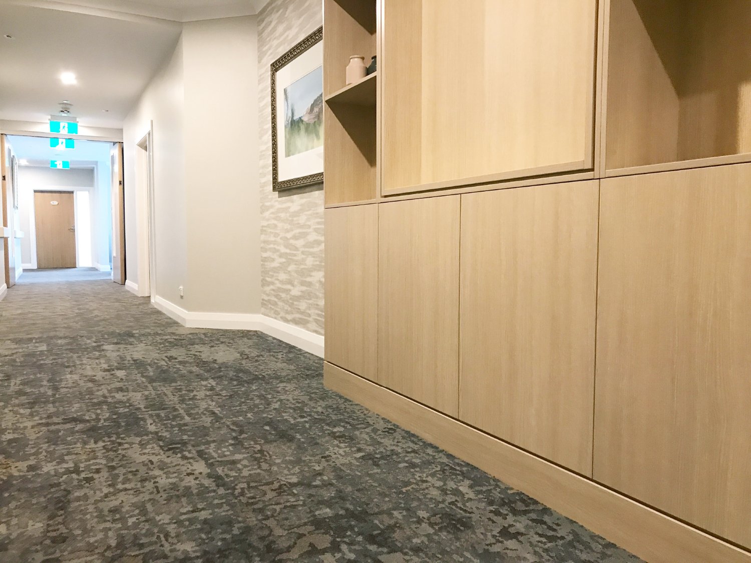 Chic healthcare interior design of hallway, New Zealand.