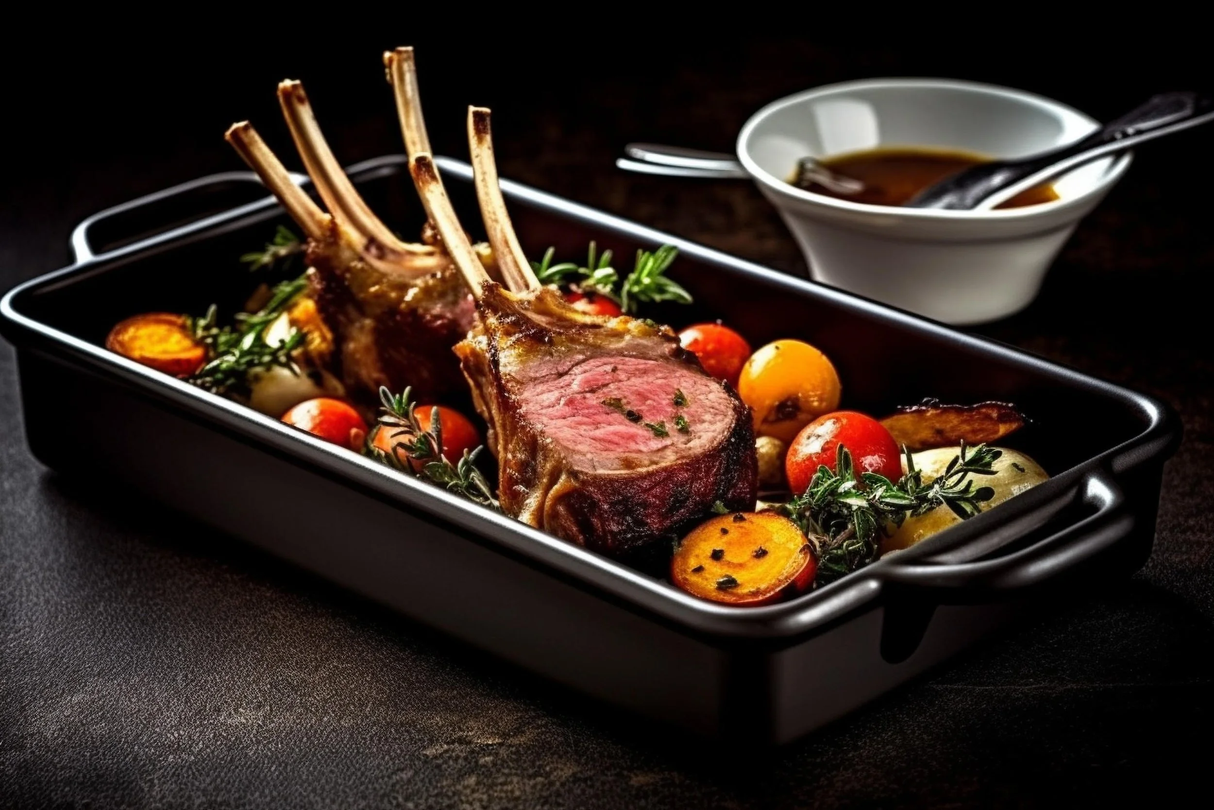Rack of lamb with vegetables in a black roasting pan, garnished with herbs, and a bowl of sauce on the side.