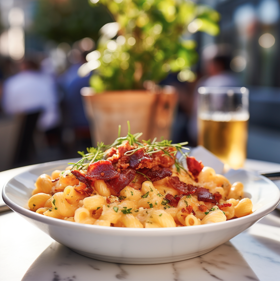 Plate of macaroni and cheese topped with crispy bacon and herbs on an outdoor table with a glass of beer.