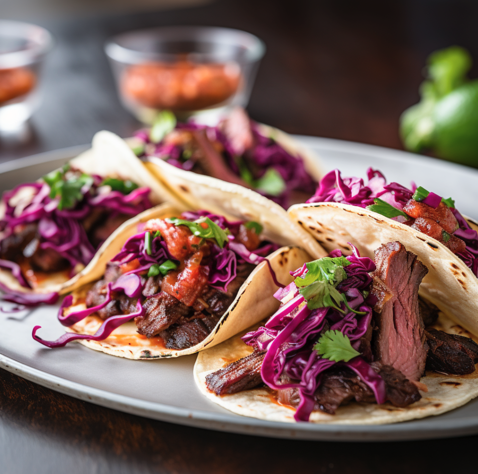 Street tacos with grilled meat, red cabbage, cilantro, and salsa on flour tortillas, served on a plate.