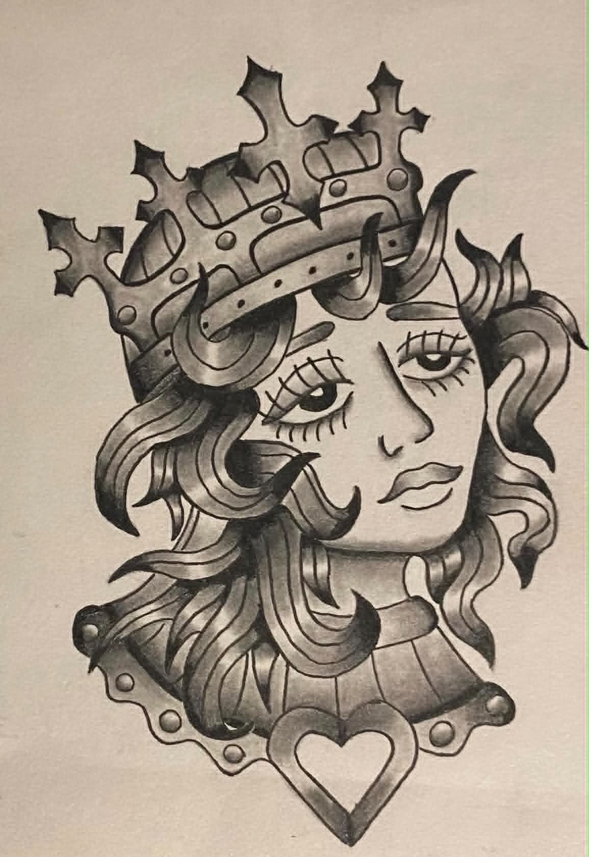 Black and white drawing of a woman with long, wavy hair, wearing a crown, and a heart at the bottom center, with ornate decorative elements surrounding her head.