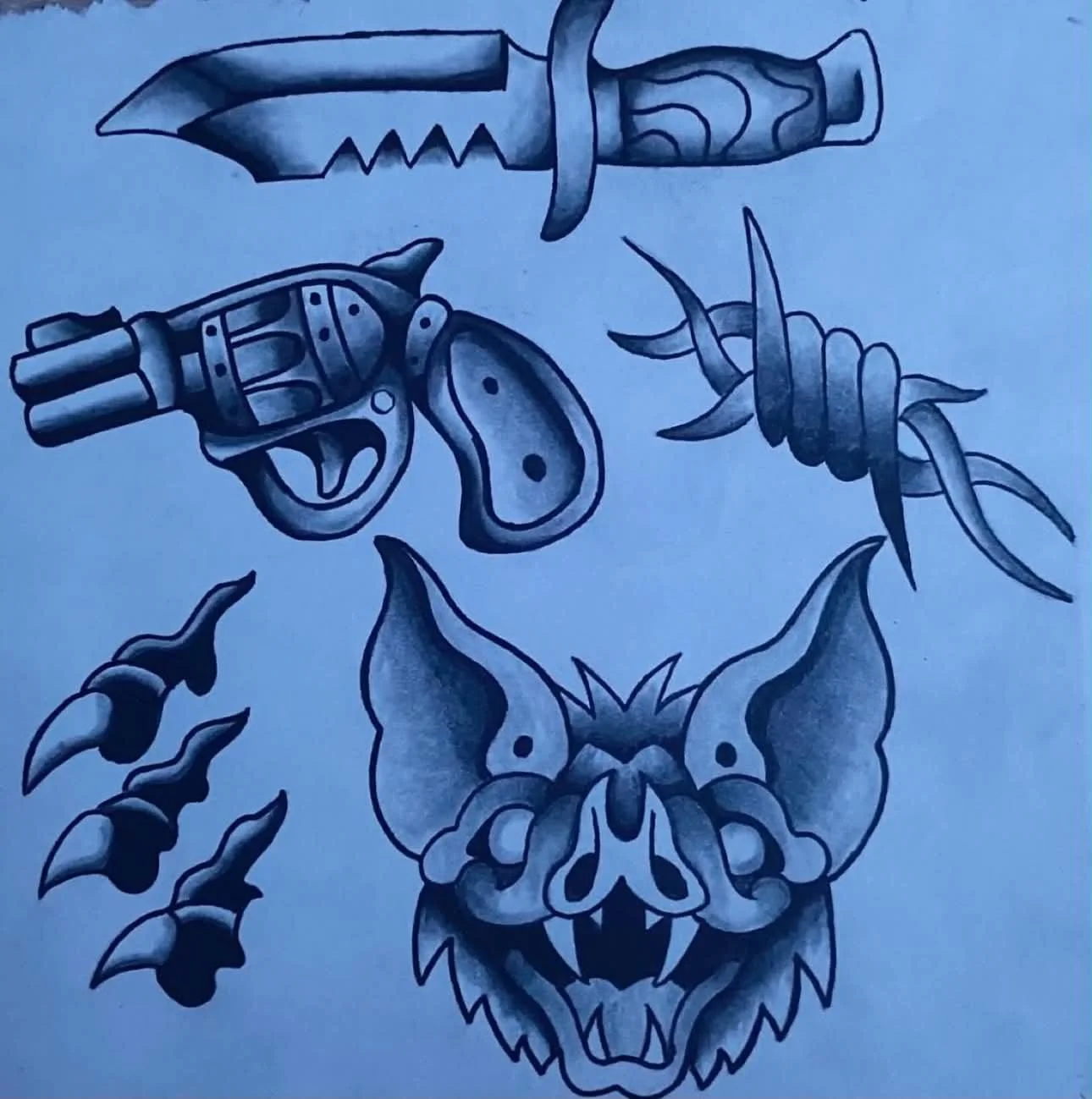Black and gray tattoo-style illustration of a wolf's head with wings, a dagger, a gun, and barbed wire on a light background.