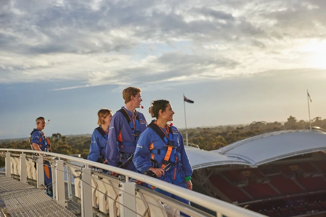 Group of skydivers walking on an aircraft's wing prior to skydiving at sunset.