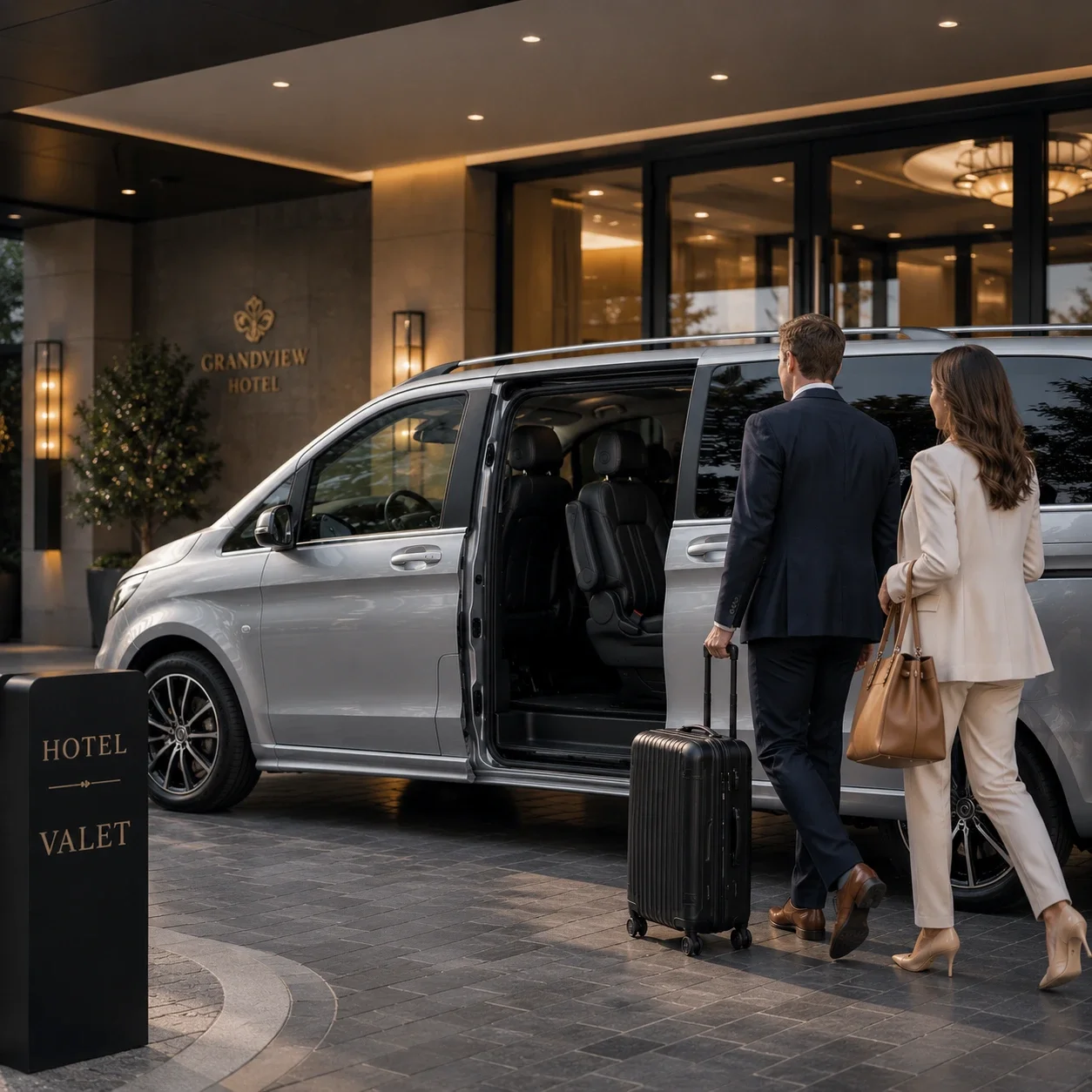 A man and woman in business attire walking into the Grandview Hotel, carrying luggage, with a valet sign nearby.