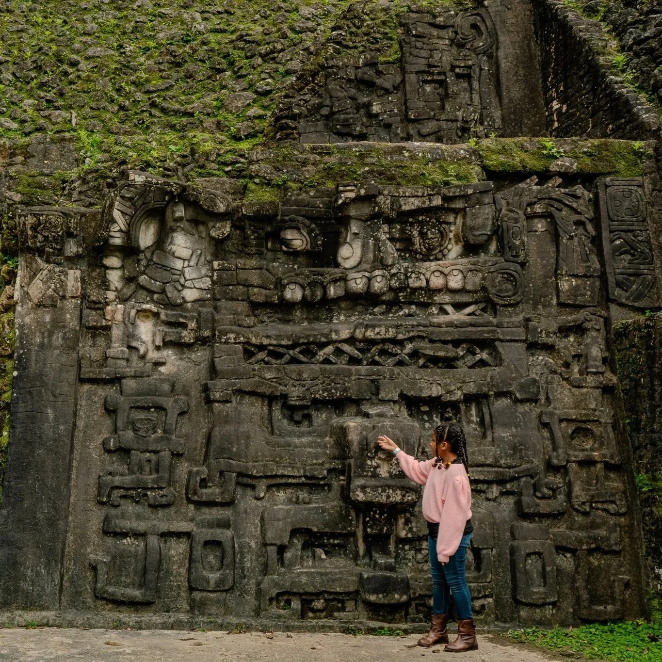 Fog drifts through the valleys of Caves Branch at dawn, painted in soft purple and orange light, contrasting with the vibrant green jungle hills.
