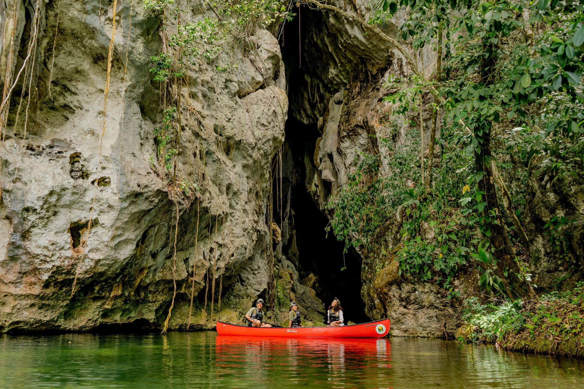 Suspended above the lush canopy, two women descend the Black Hole Drop Sinkhole, helmets and harnesses catching the light.