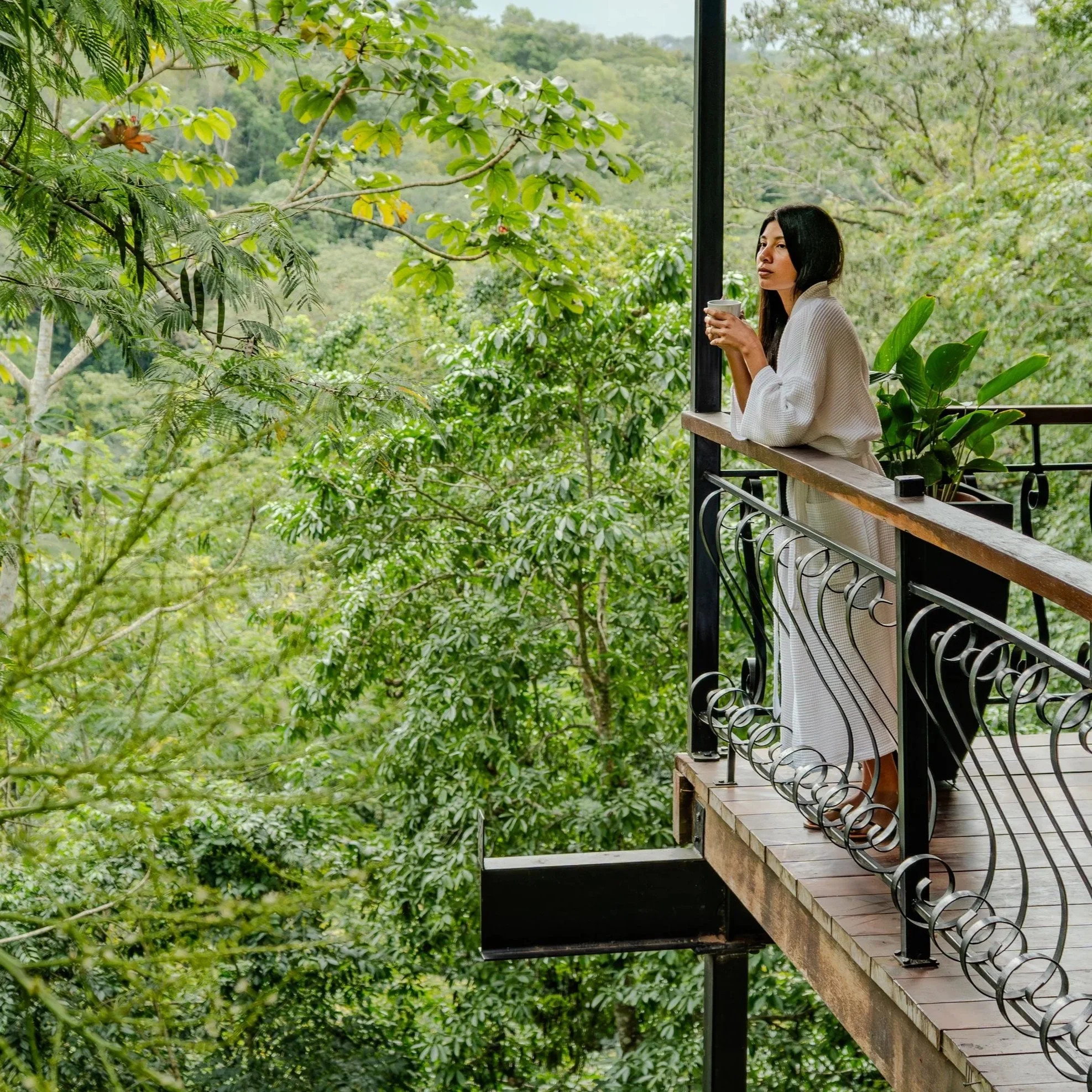 A guest enjoying a morning coffee on the private balcony of a River View Suite at San Ignacio Resort Hotel, surrounded by the lush green canopy of the Belizean jungle