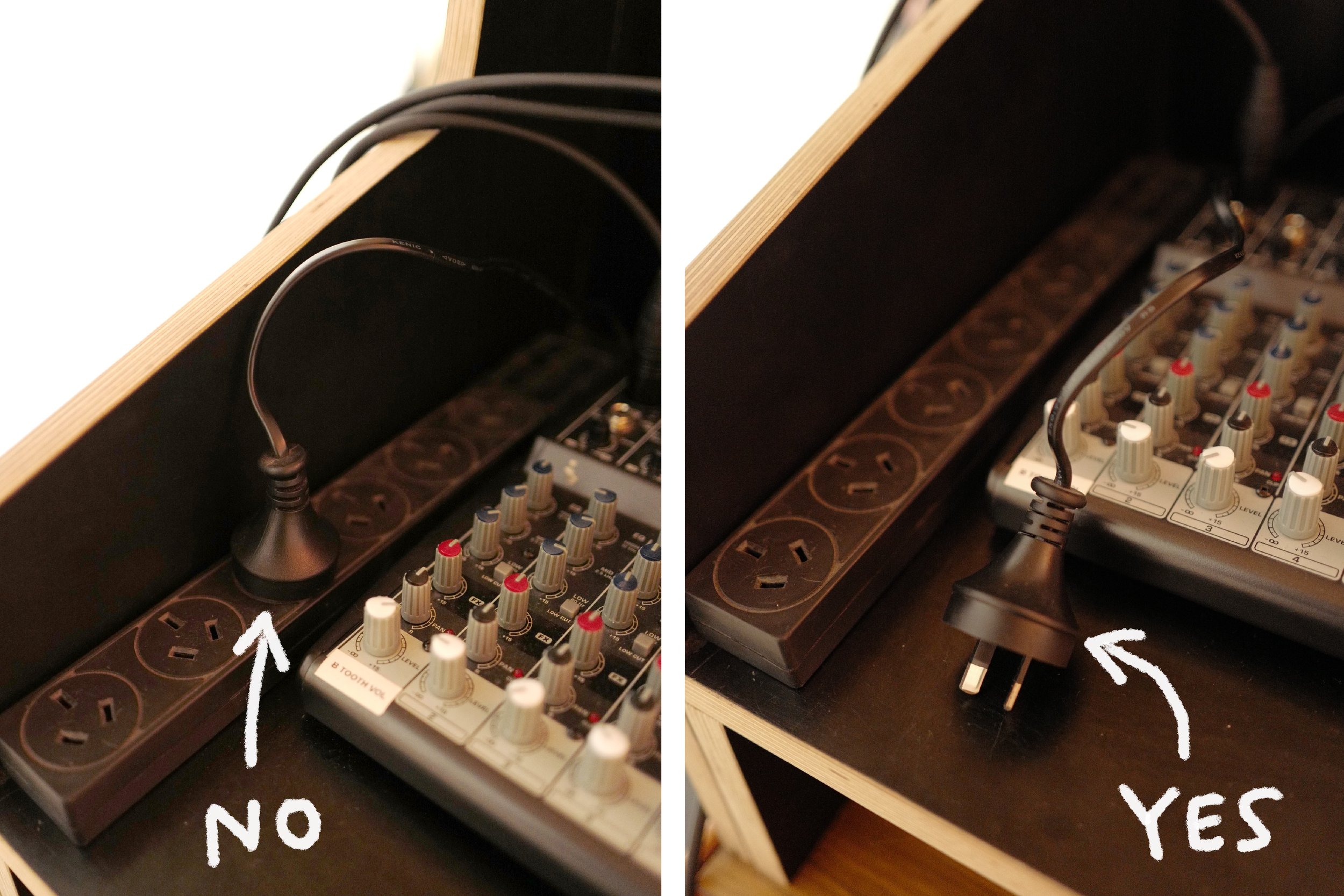 Step 20. Turn Off Mixer - located in DJ booth, unplug from power board AFTER turning off speakers