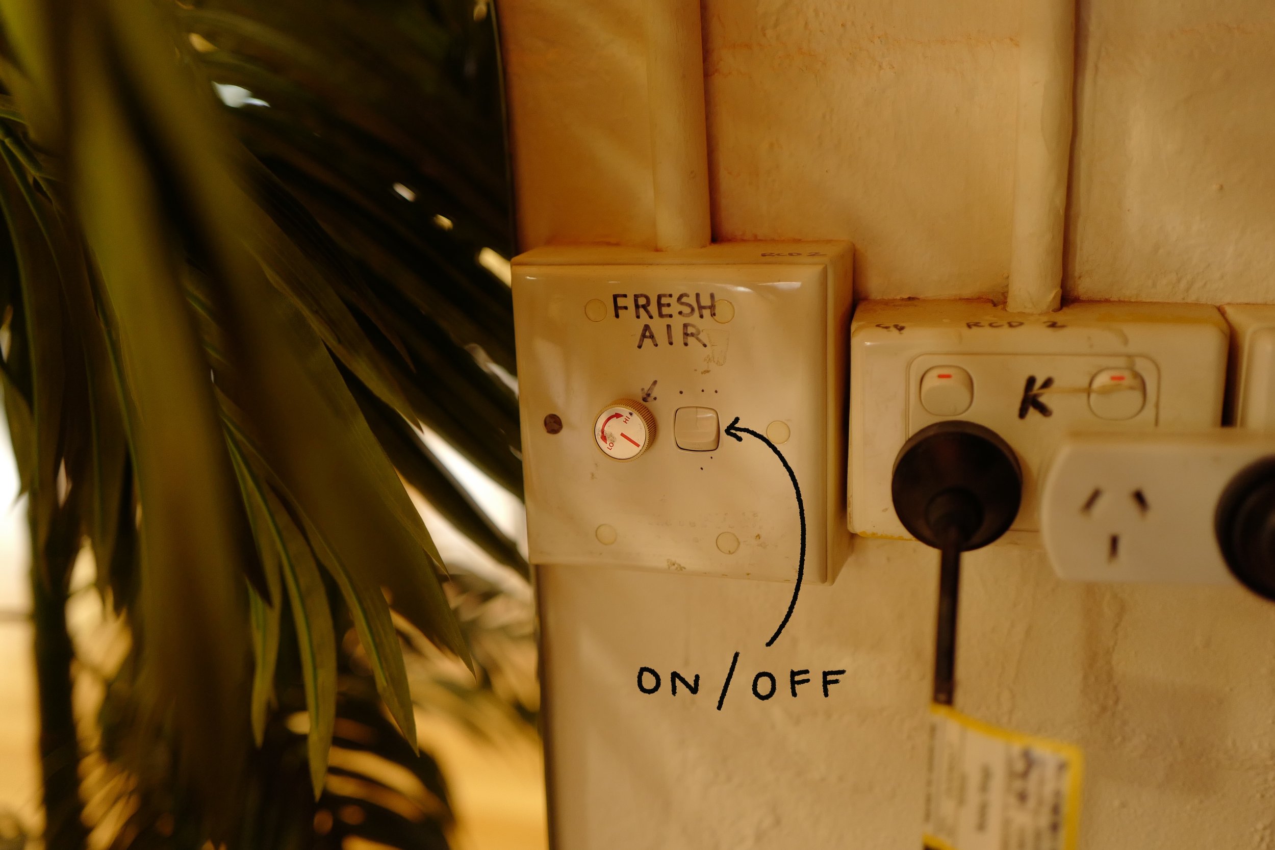 Step 14. Switch off exhaust fan (switch to the right of mirrors, behind palm)