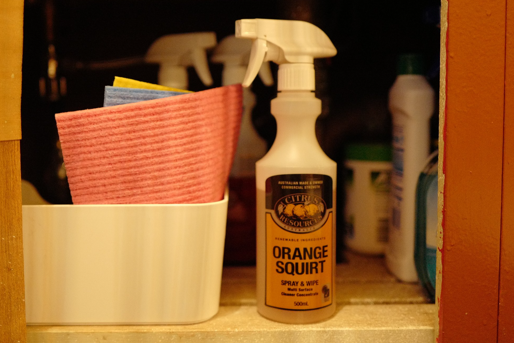 Step 6. Wipe surfaces - including all benches / table tops etc. Spray & Wipe stored under kitchen sink