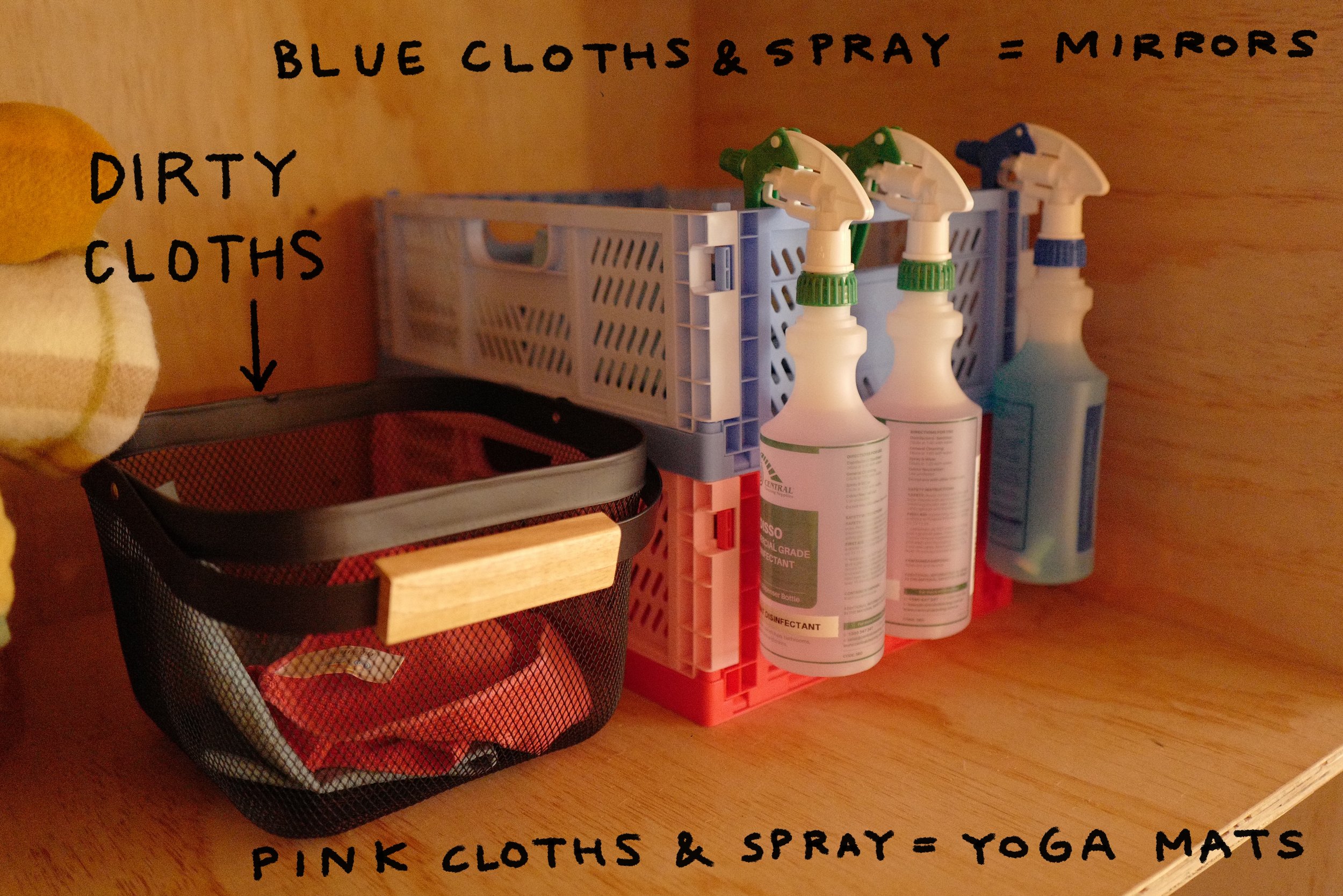 Step 8. Mirrors - Check mirrors for marks & clean as needed with blue cloth & glass cleaner provided, put used cloth in dirty washing basket